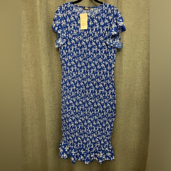 BLUE FLORAL MIDI BODYCON DRESS XXL - Picture 8 of 10